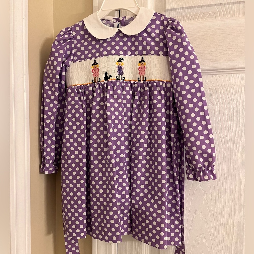 NWT Silly Goose Hand Smocked Purple Polka Dot Dress with Embroidered Witches